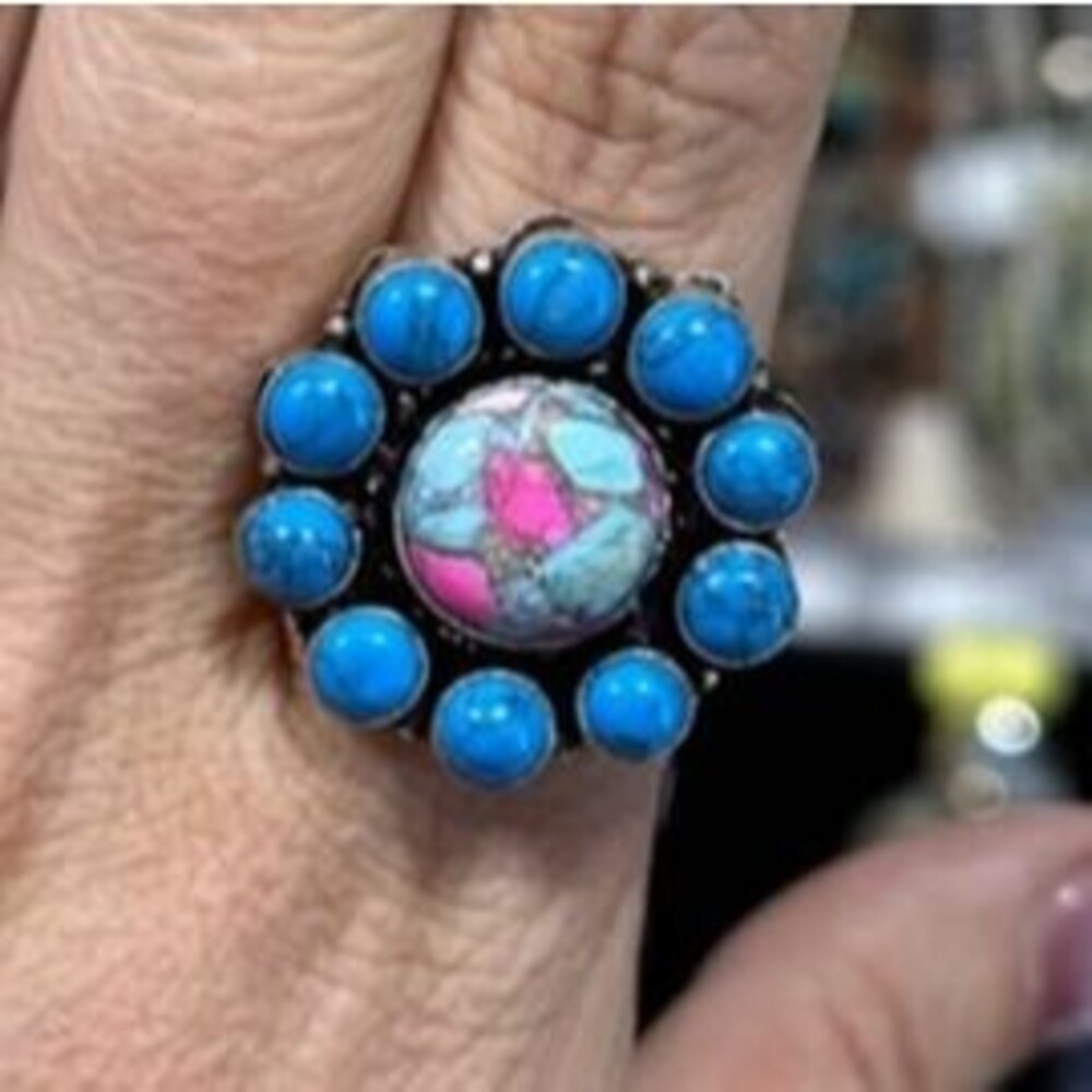 Sterling Silver Cotton Candy & Turquoise Cluster Flower Ring Size 9